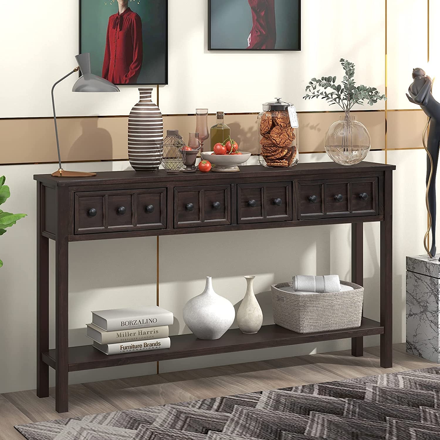 Rustic 60 Inch Console Table With Drawers And Shelf Secondary image