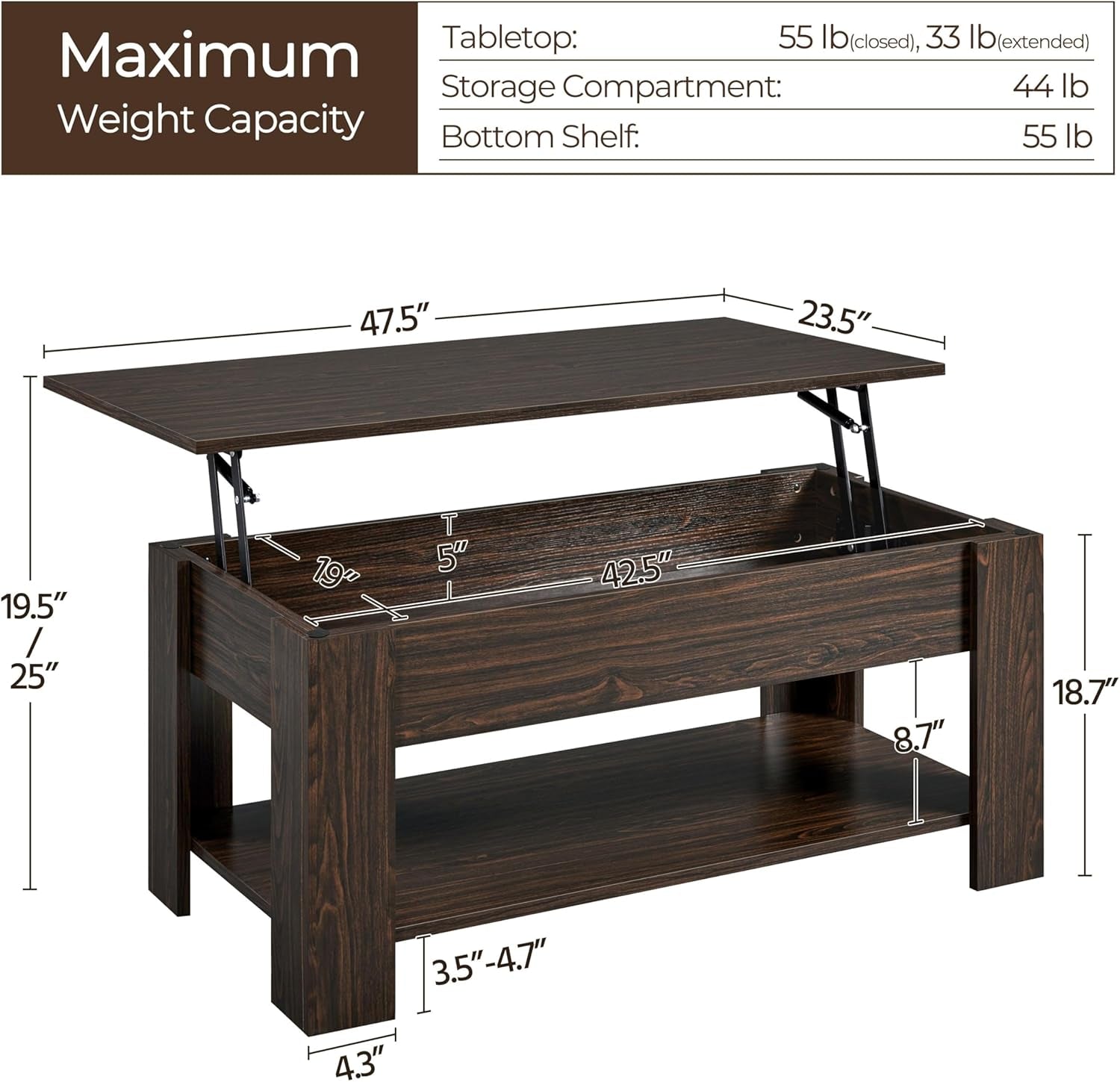 Espresso Lift Top Coffee Table With Hidden Compartment Secondary image
