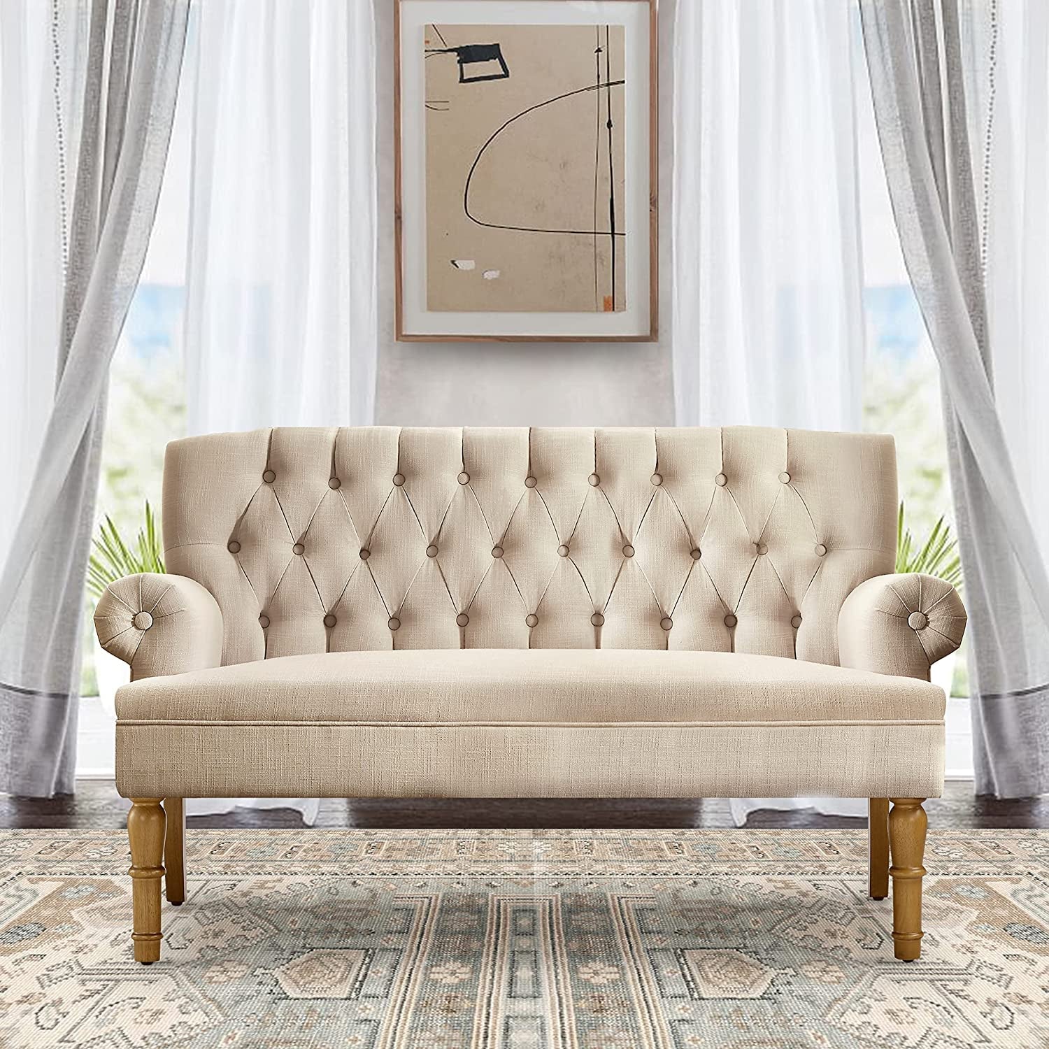 Warm Beige Loveseat Sofa Set With Tufted Back Upholstery