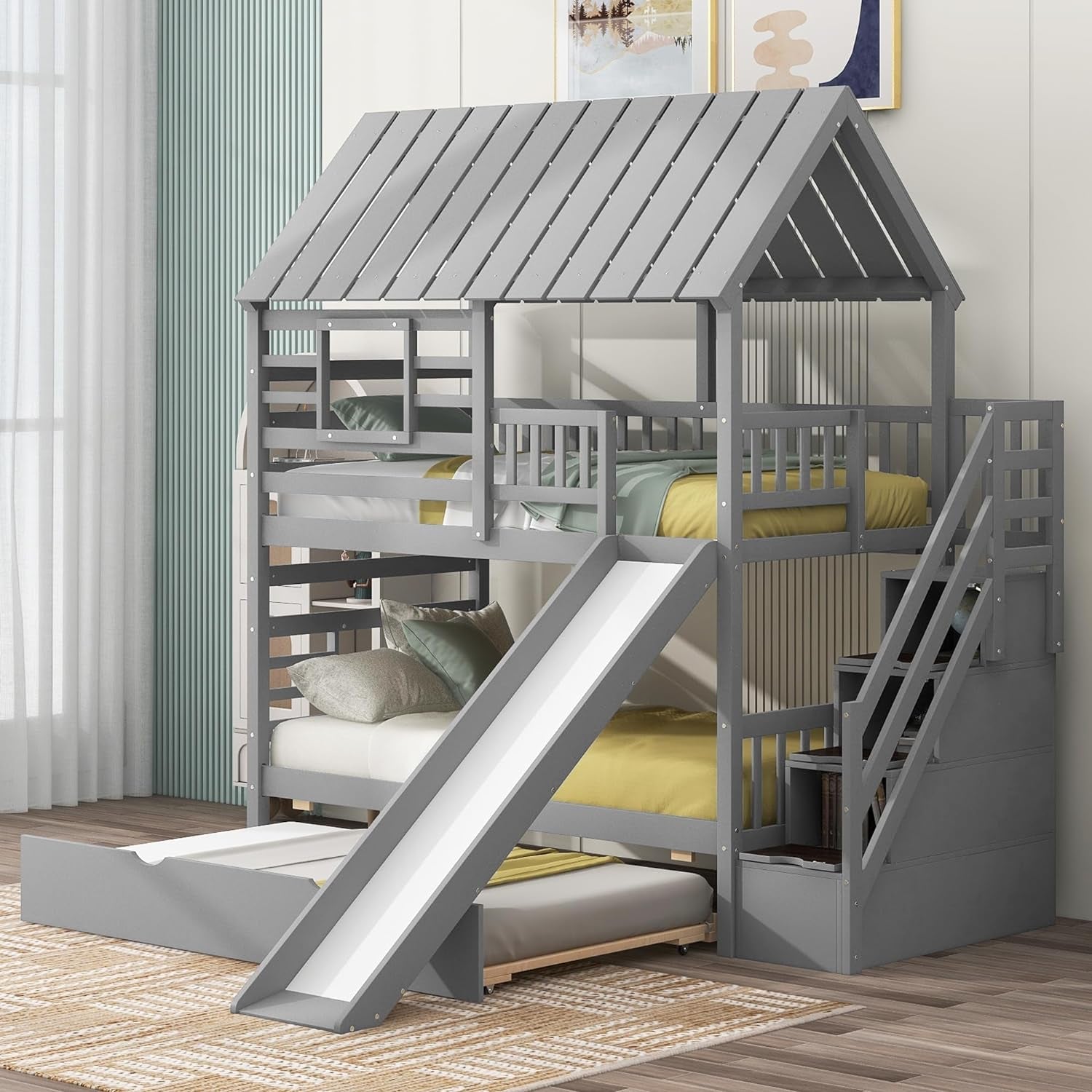 Twin Over Twin Bunk Bed With Slide For Kids Room Decor Secondary image