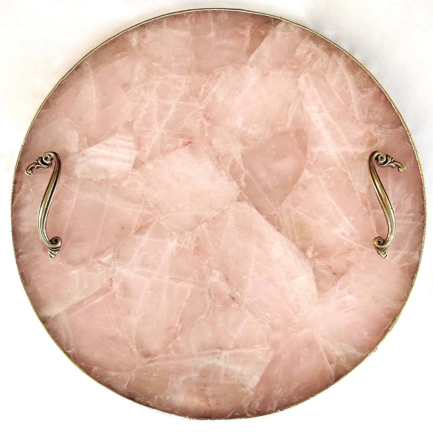 Rose Quartz Agate | Serving Tray With Brass Handles | Circular | Main image