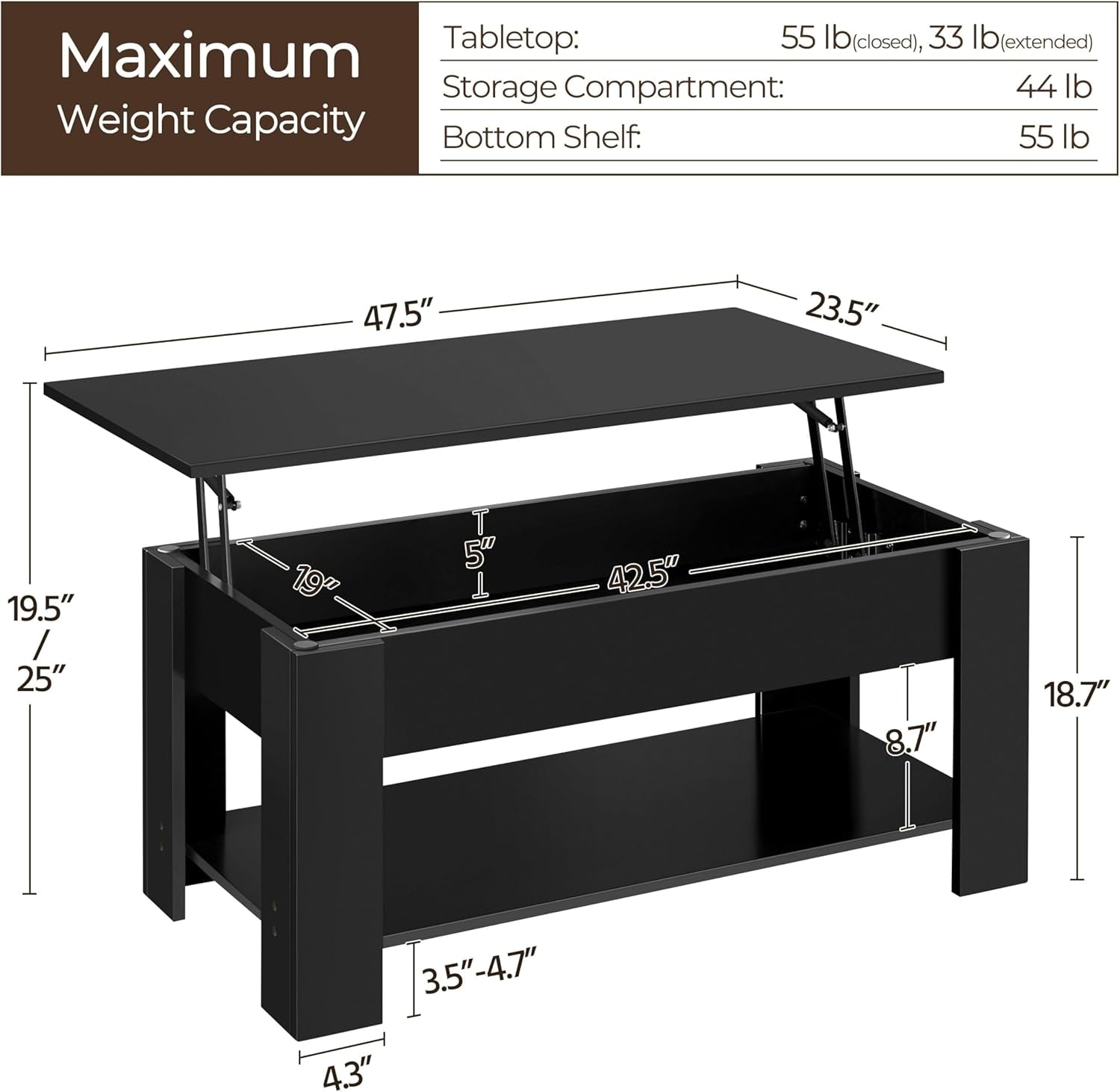 Lift Top Coffee Table With Hidden Compartment 47.5 Inch Secondary image