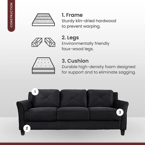 Grayson Sofa Black Button Tufted Rolled Arm Living Room