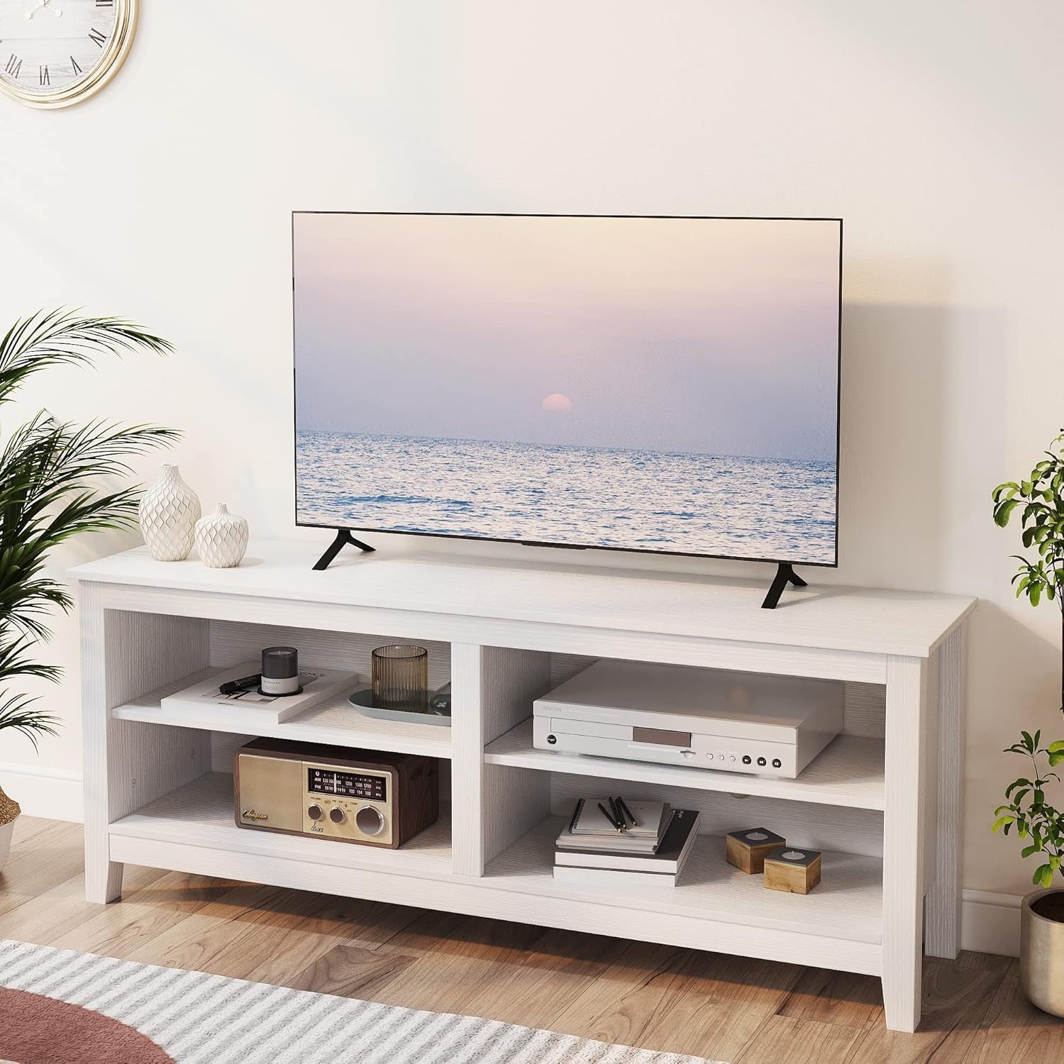 65 Inch TV Stand With Open Storage Shelves White Cabinet Main image