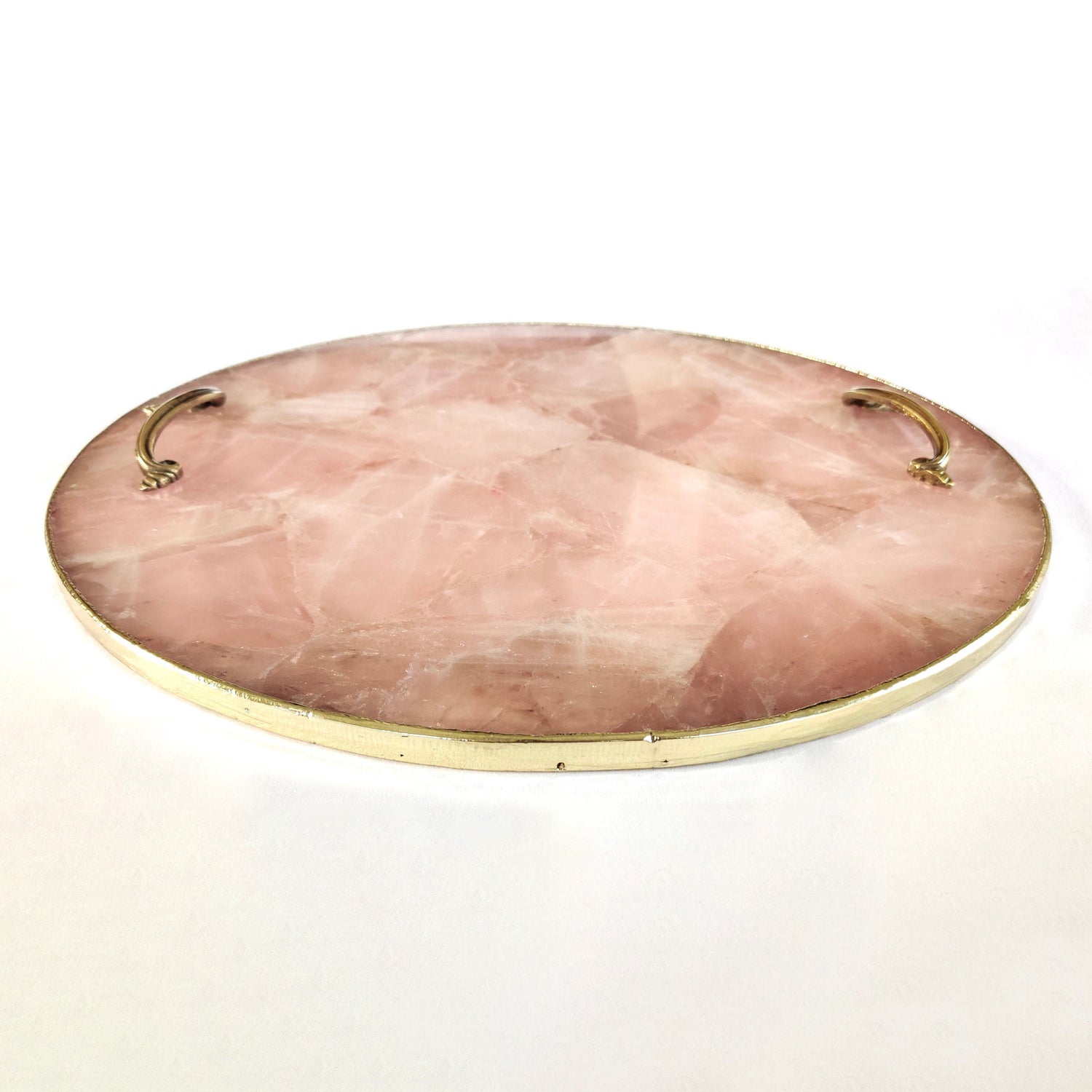 Rose Quartz Agate | Serving Tray With Brass Handles | Circular | Secondary image