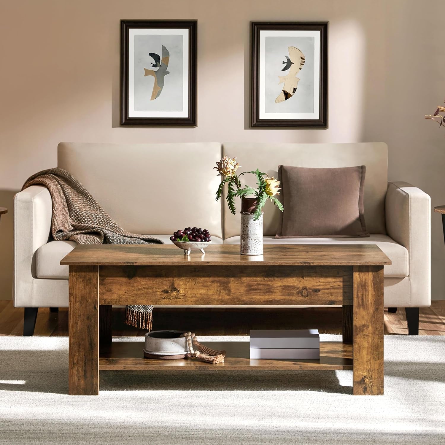 Coffee Table 47.5 Inch Lift Top With Hidden Compartment Rustic Brown Main image