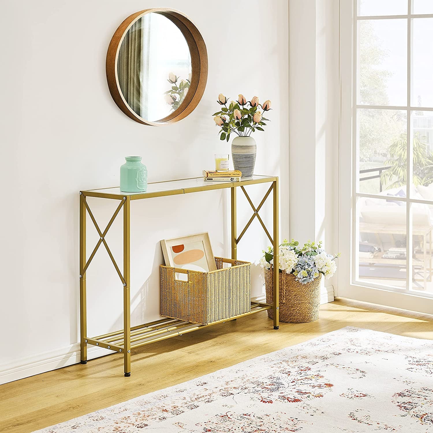 Gold And White Narrow Console Table With Shelves 41 Inch Long Main image