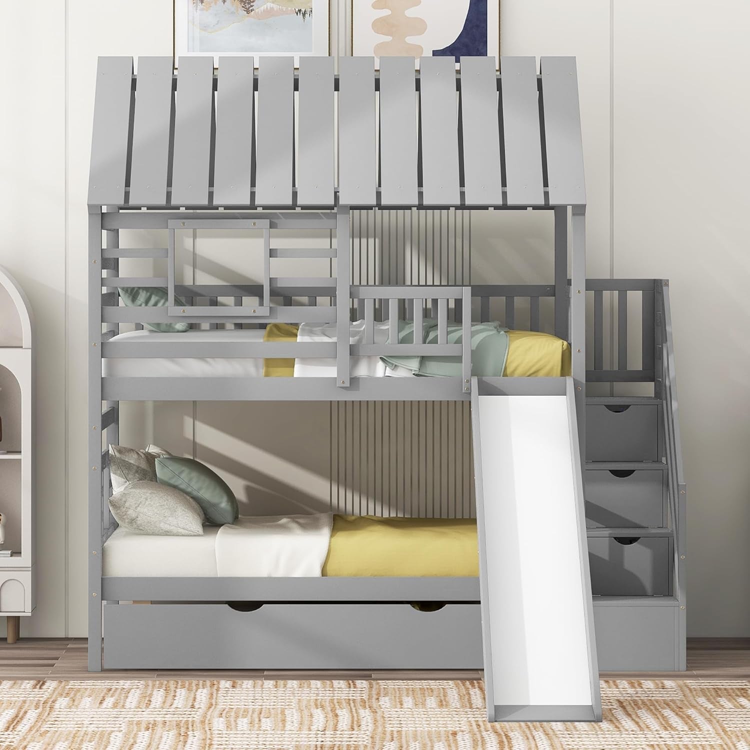 Twin Over Twin Bunk Bed With Slide For Kids Room Decor Main image