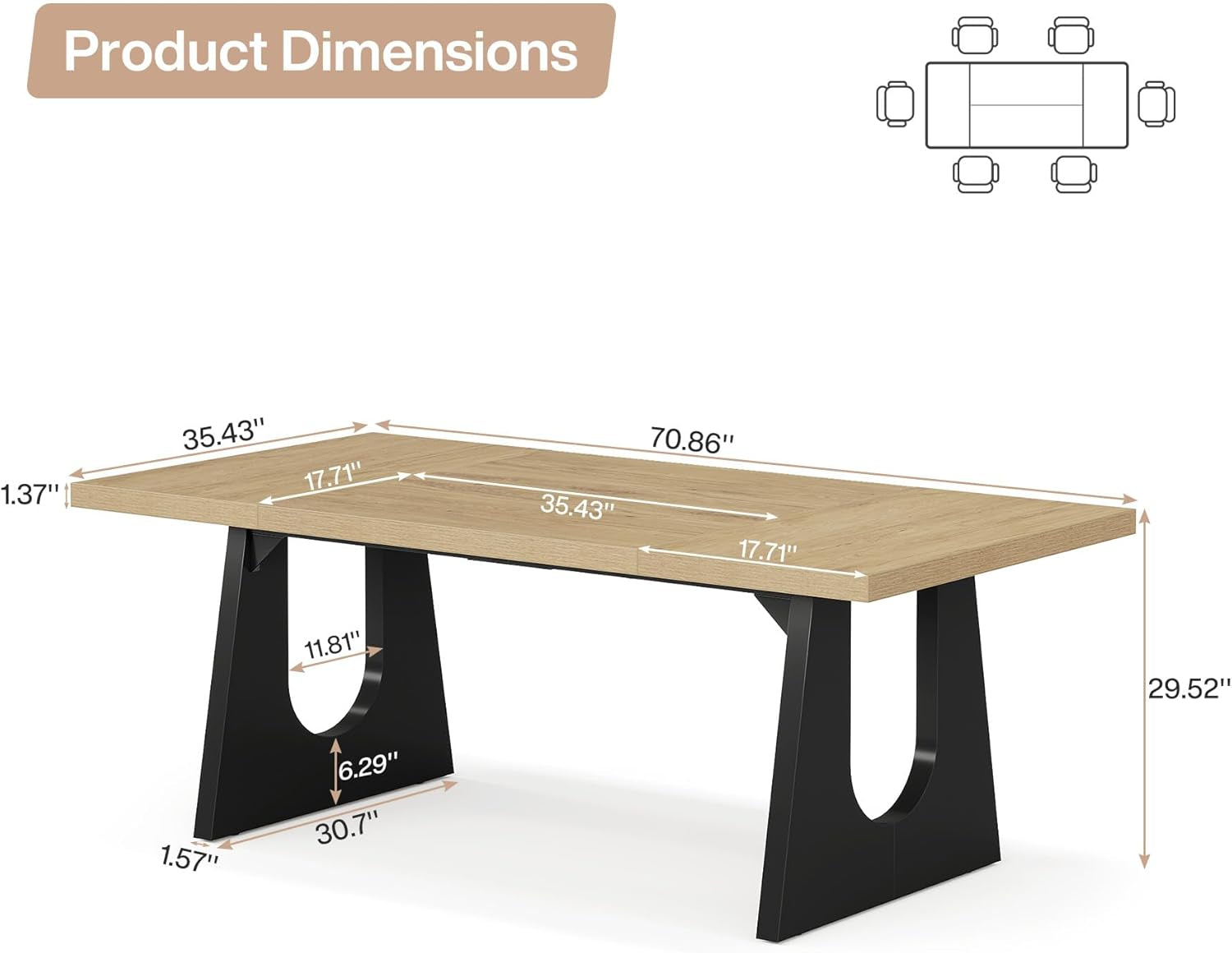 Oak And Black Rustic Dining Table 70.9 Inch For 6 To 8 People Main image