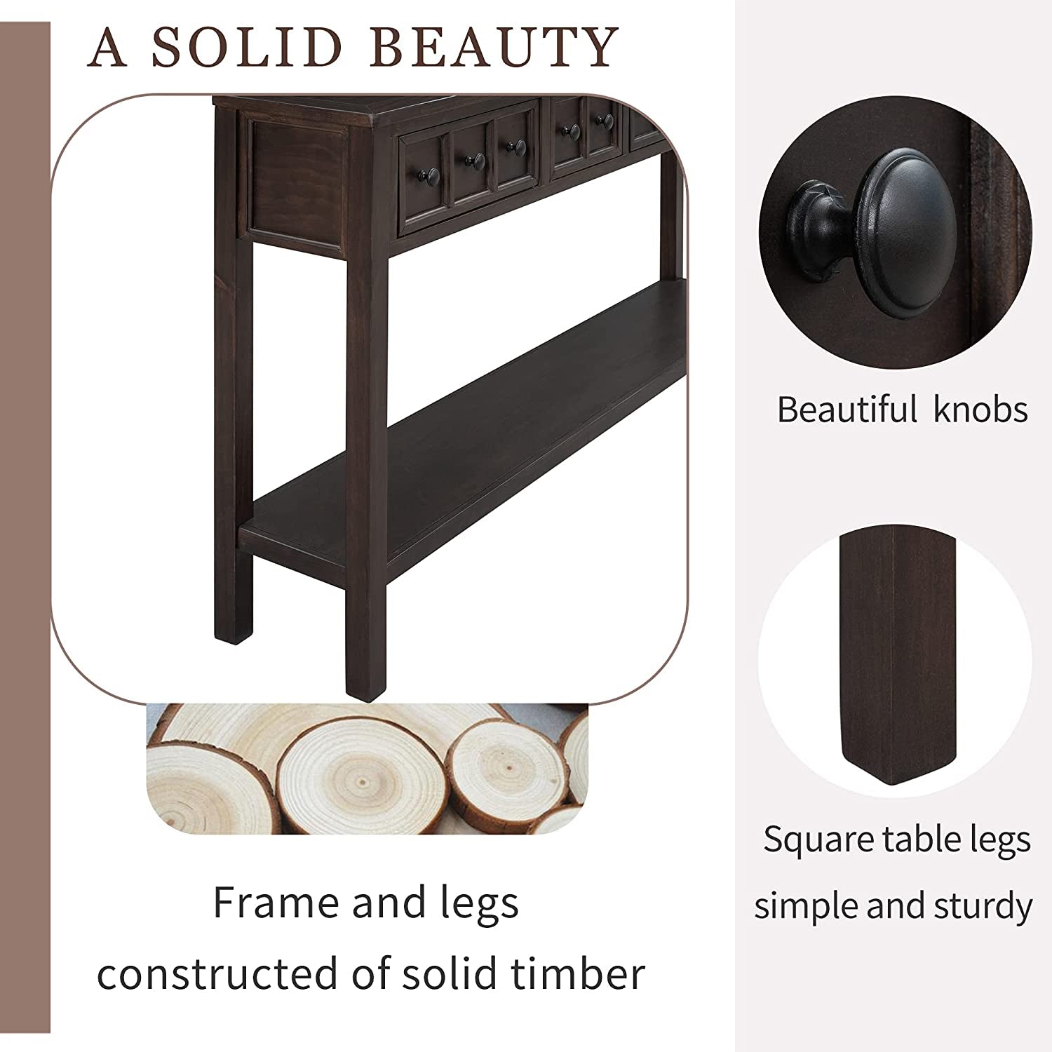 Rustic 60 Inch Console Table With Drawers And Shelf