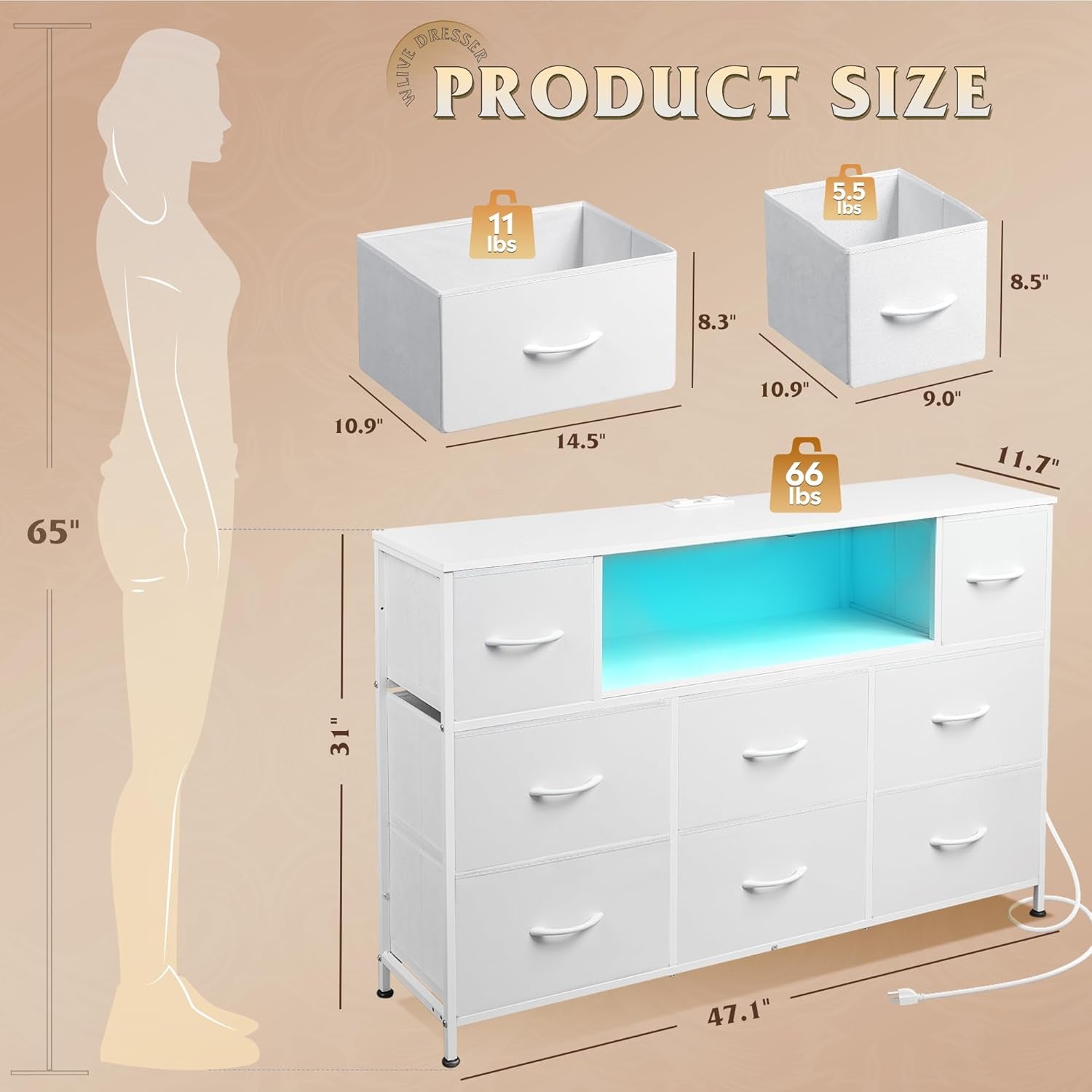 White Dresser TV Stand for 55 Inch TV with Charging Station LED Lights Secondary image