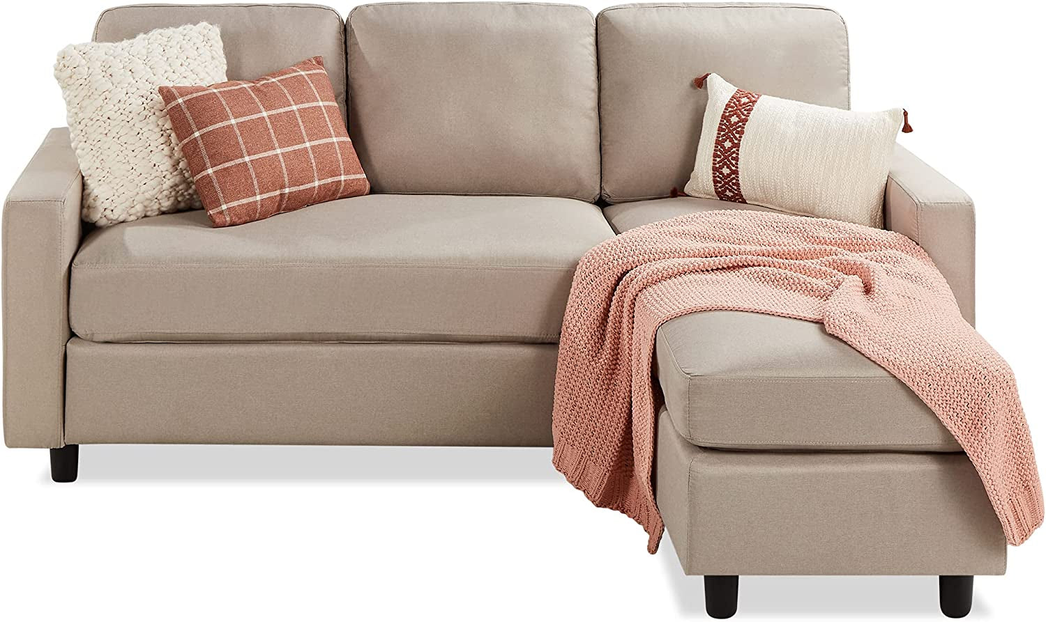 Compact Beige Linen Sectional Sofa With Chaise And Reversible Ottoman Main image