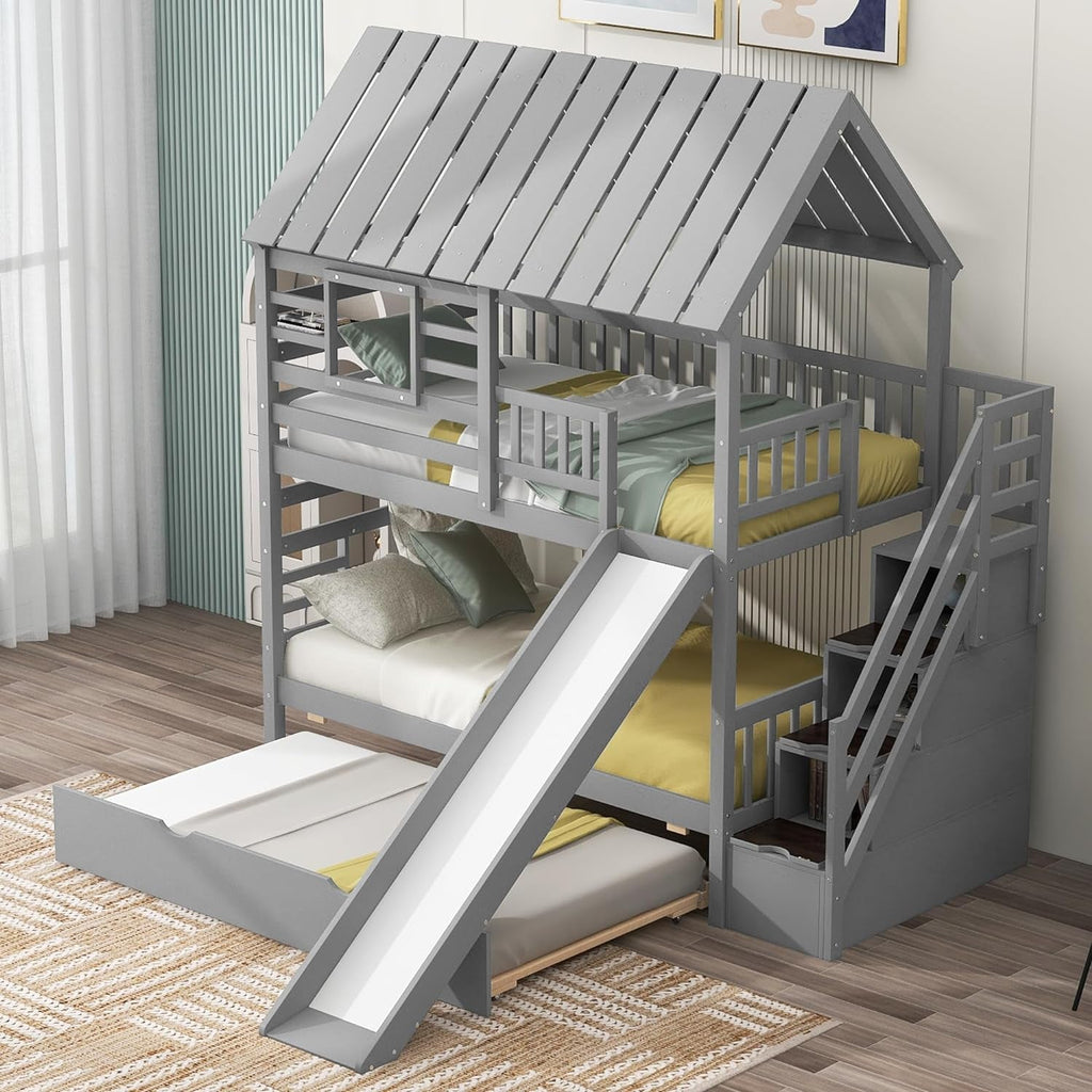Twin Over Twin Bunk Bed With Slide For Kids Room Decor