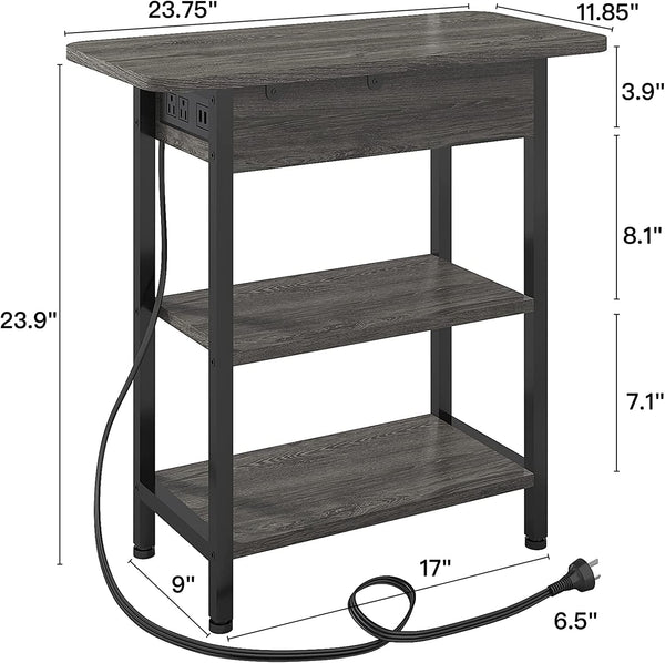 End Table With Charging Station And Flip Top Dark Grey For Small