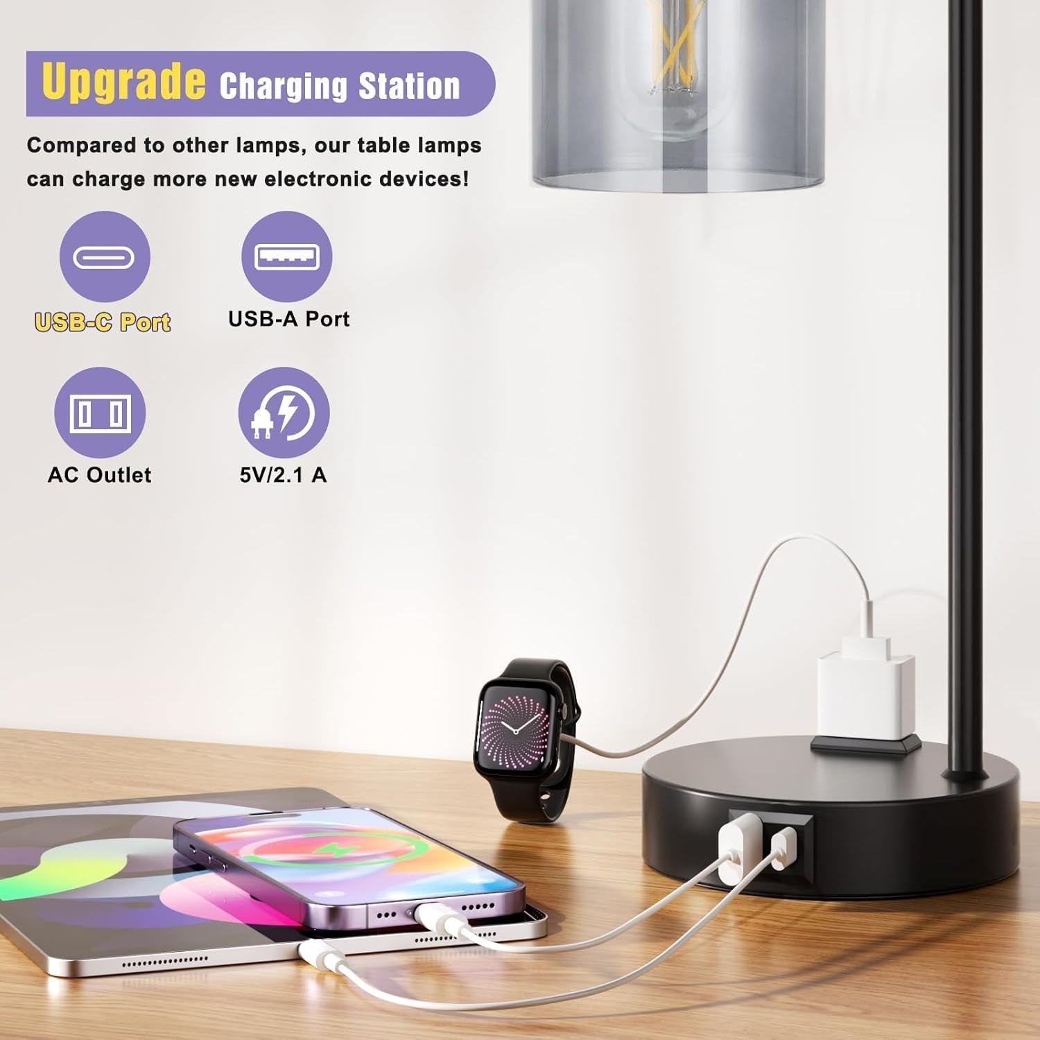 3-Way Dimmable USB Table Lamps With Gray Glass Shade Pair Secondary image