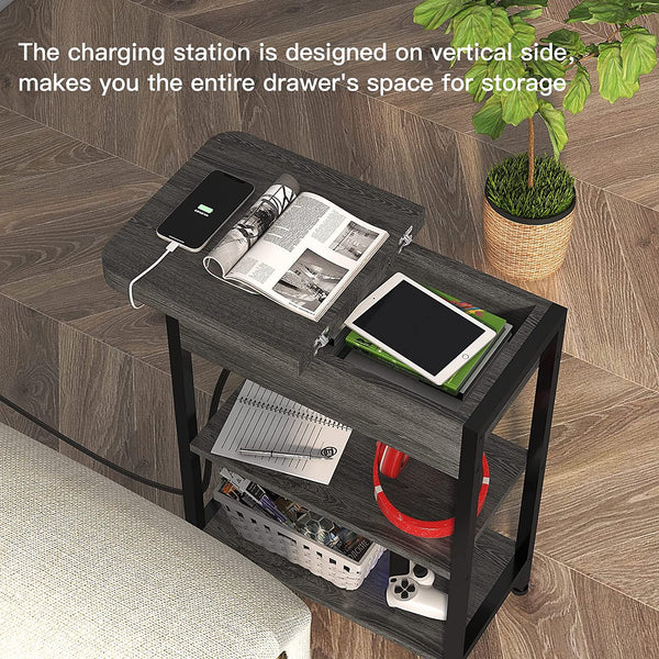 End Table With Charging Station And Flip Top Dark Grey For Small