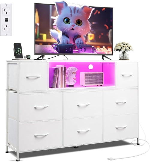 White Dresser TV Stand for 55 Inch TV with Charging Station LED Lights