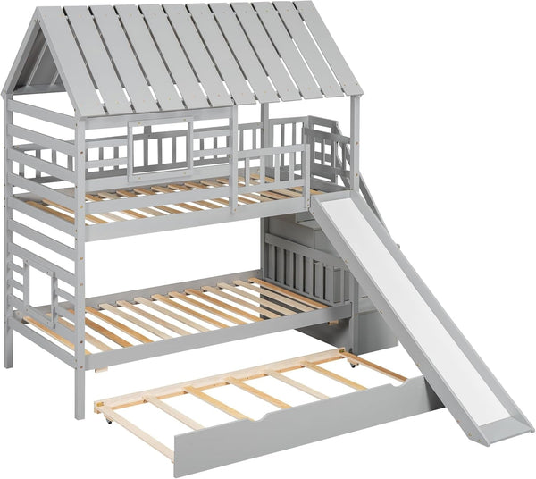 Twin Over Twin Bunk Bed With Slide For Kids Room Decor