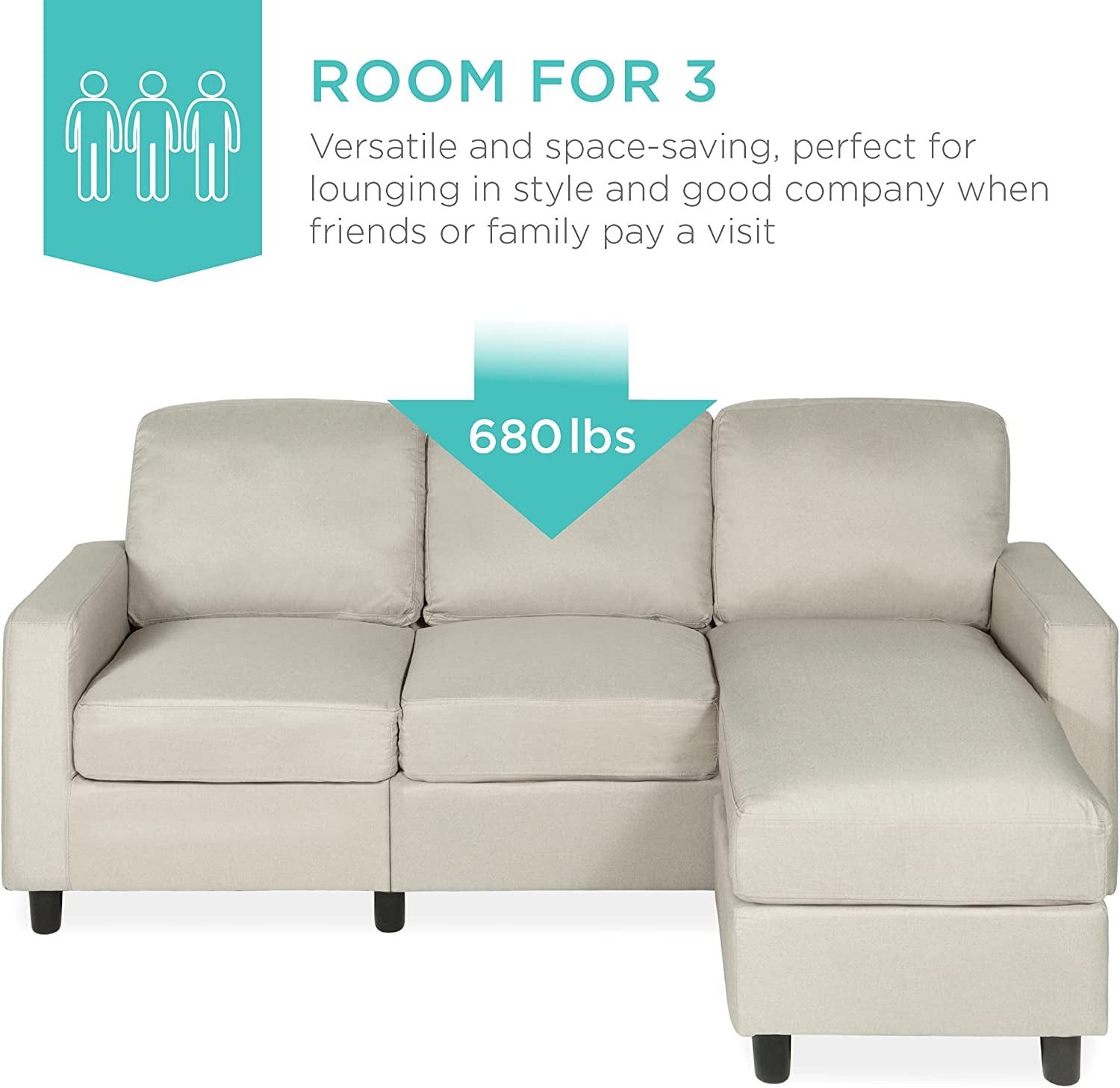Compact Beige Linen Sectional Sofa With Chaise And Reversible Ottoman