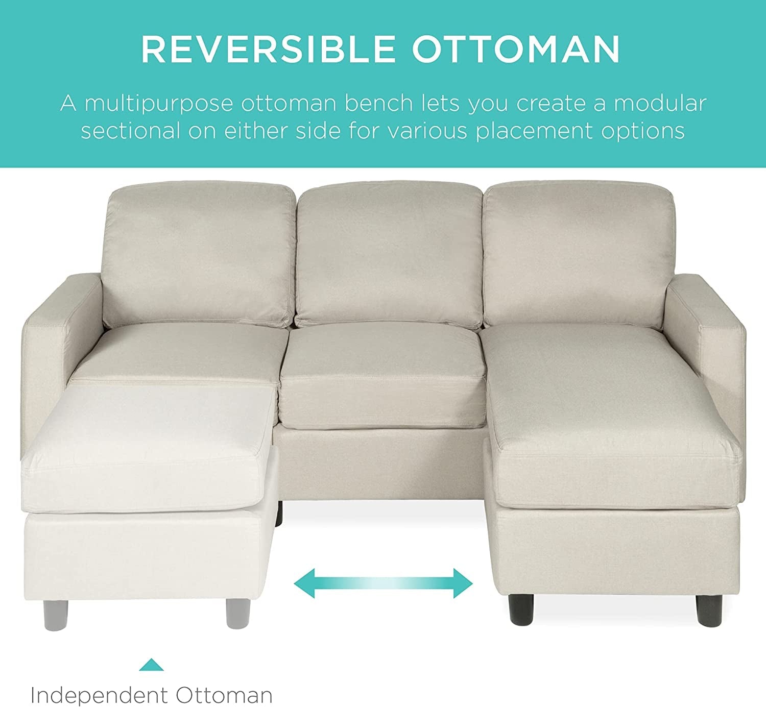 Compact Beige Linen Sectional Sofa With Chaise And Reversible Ottoman Secondary image