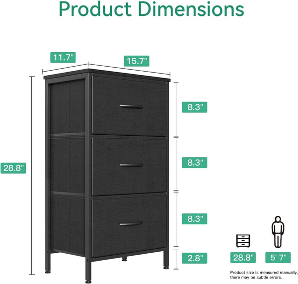 Black 3 Drawer Dresser Nightstand For Bedroom Compact