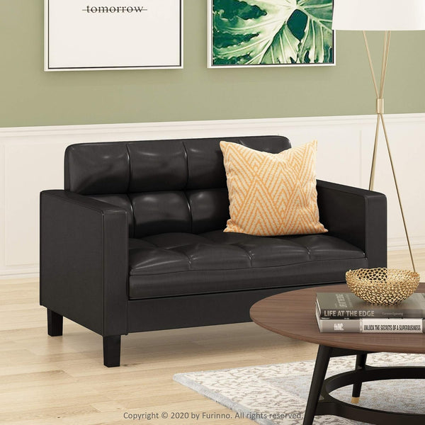 Two Seater Tufted Black Faux Leather Loveseat for Living Room