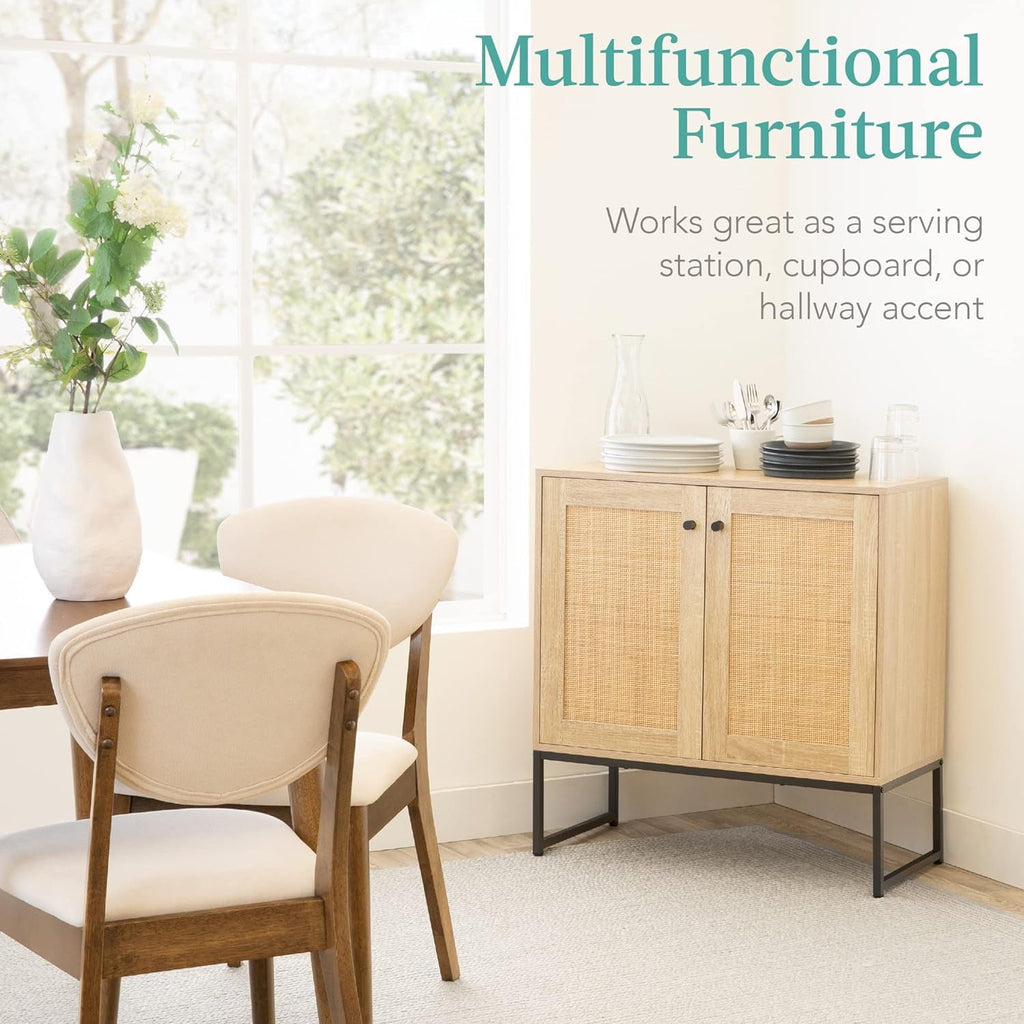 Two Door Rattan Storage Cabinet Natural Finish With Non Scratch Foot