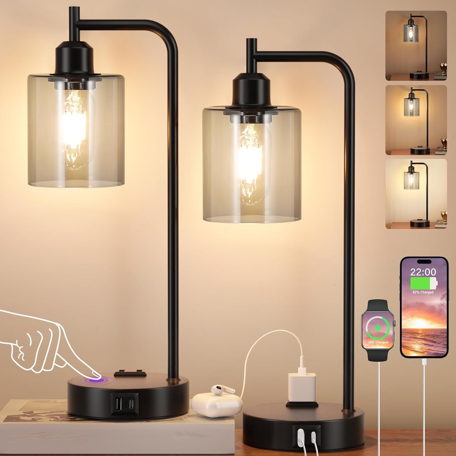 3-Way Dimmable USB Table Lamps With Gray Glass Shade Pair Main image