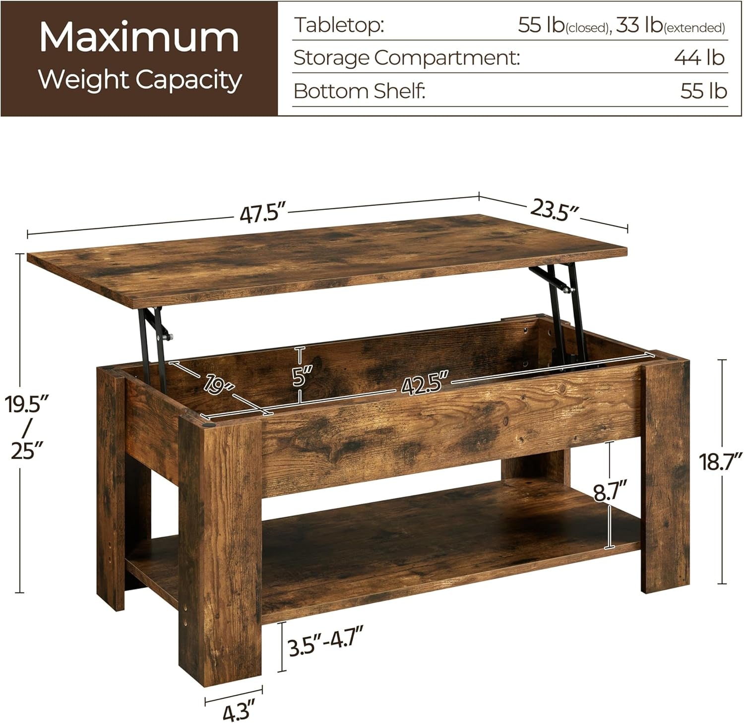 Coffee Table 47.5 Inch Lift Top With Hidden Compartment Rustic Brown Secondary image