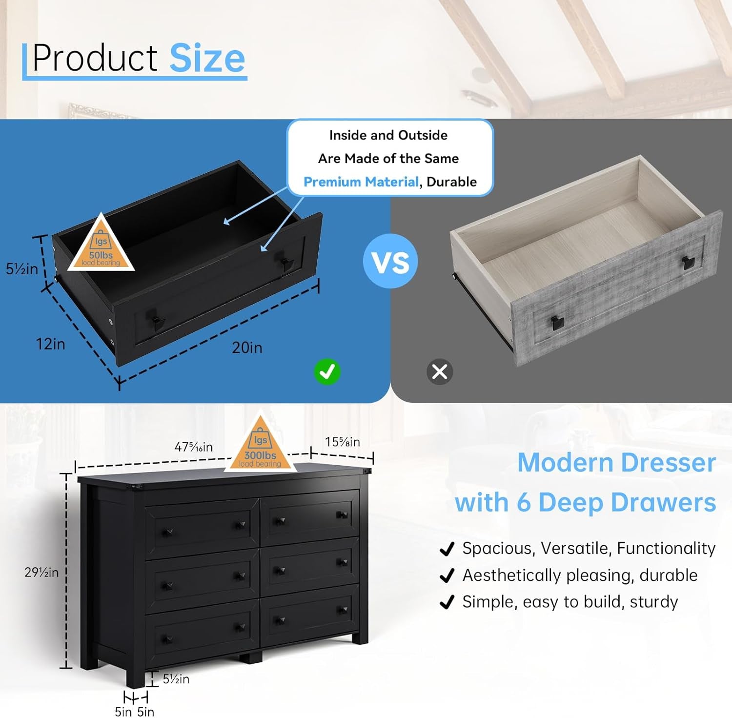 Black Dresser With 6 Drawers For Bedroom Modern Storage Secondary image