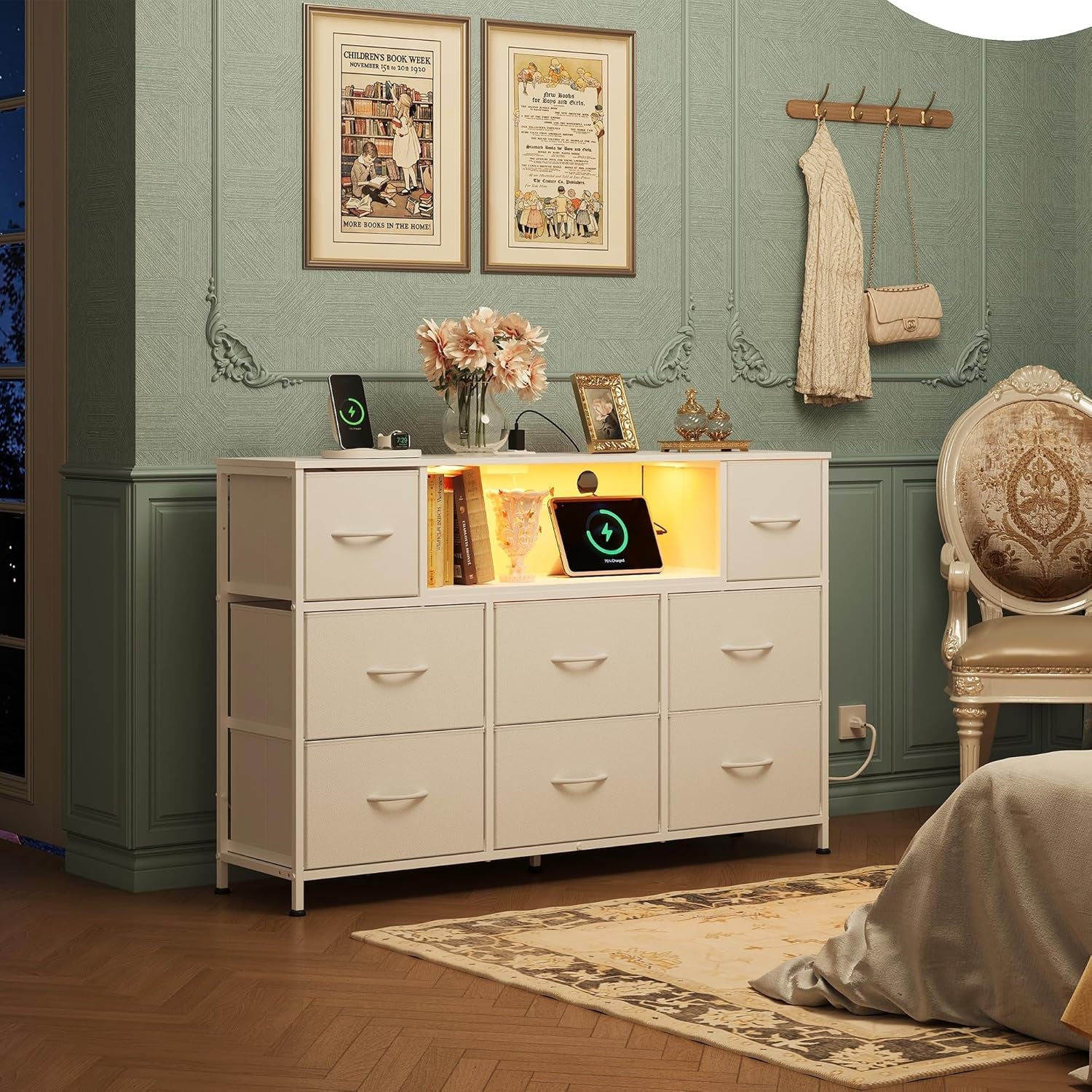 White Dresser TV Stand for 55 Inch TV with Charging Station LED Lights Main image