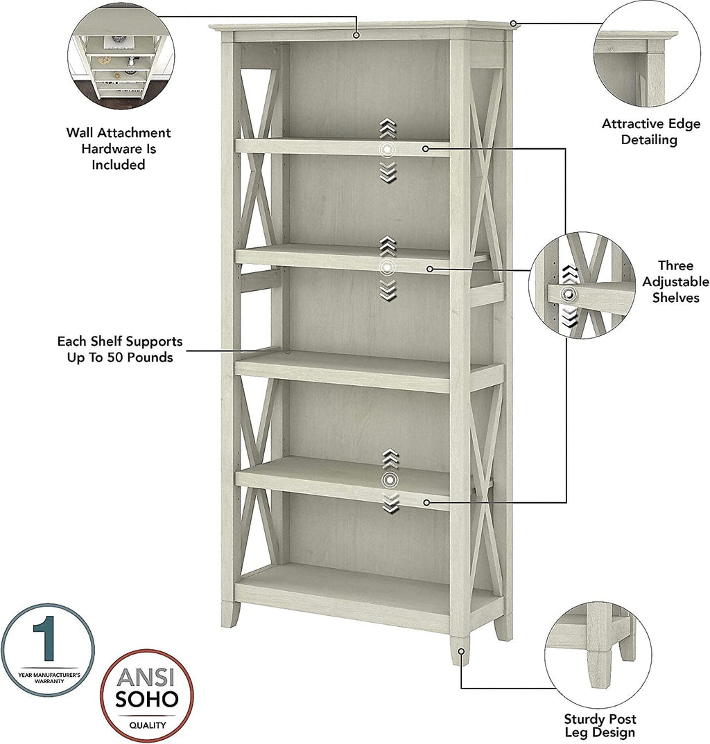 Linen White Oak 5 Shelf Bookcase Set 2 Tall 66H 32W 13D