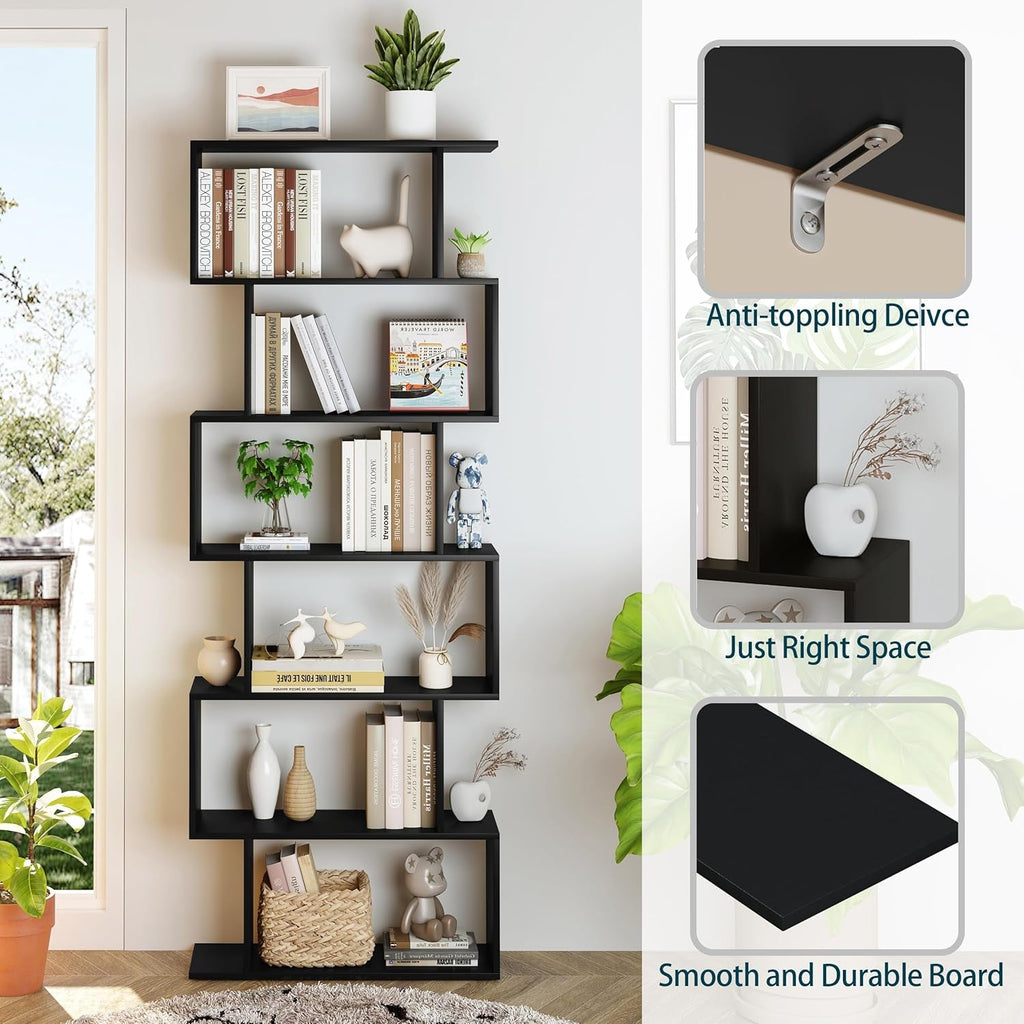 6 Tier S Shaped Bookshelf Freestanding Modern Display