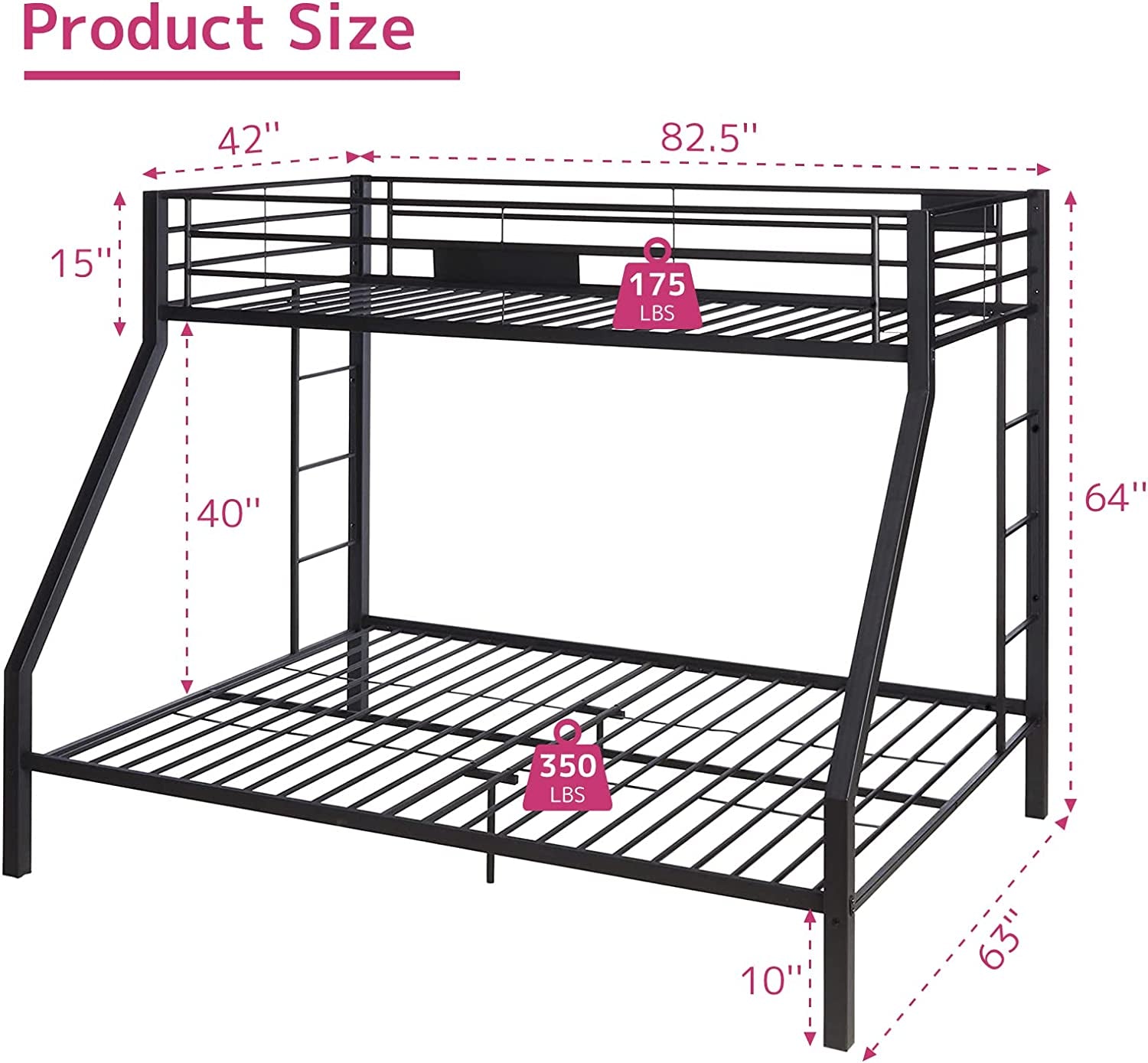 Twin XL Queen Bunk Bed In Sandy Black Finish Metal Slats Secondary image
