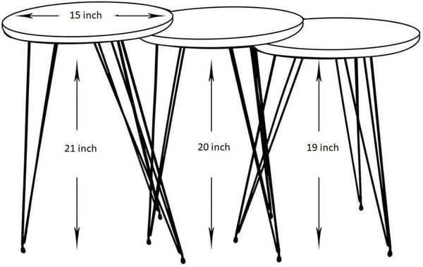 Grey Pine Wood Round Nesting End Tables Set Of 3 With Metal Frame