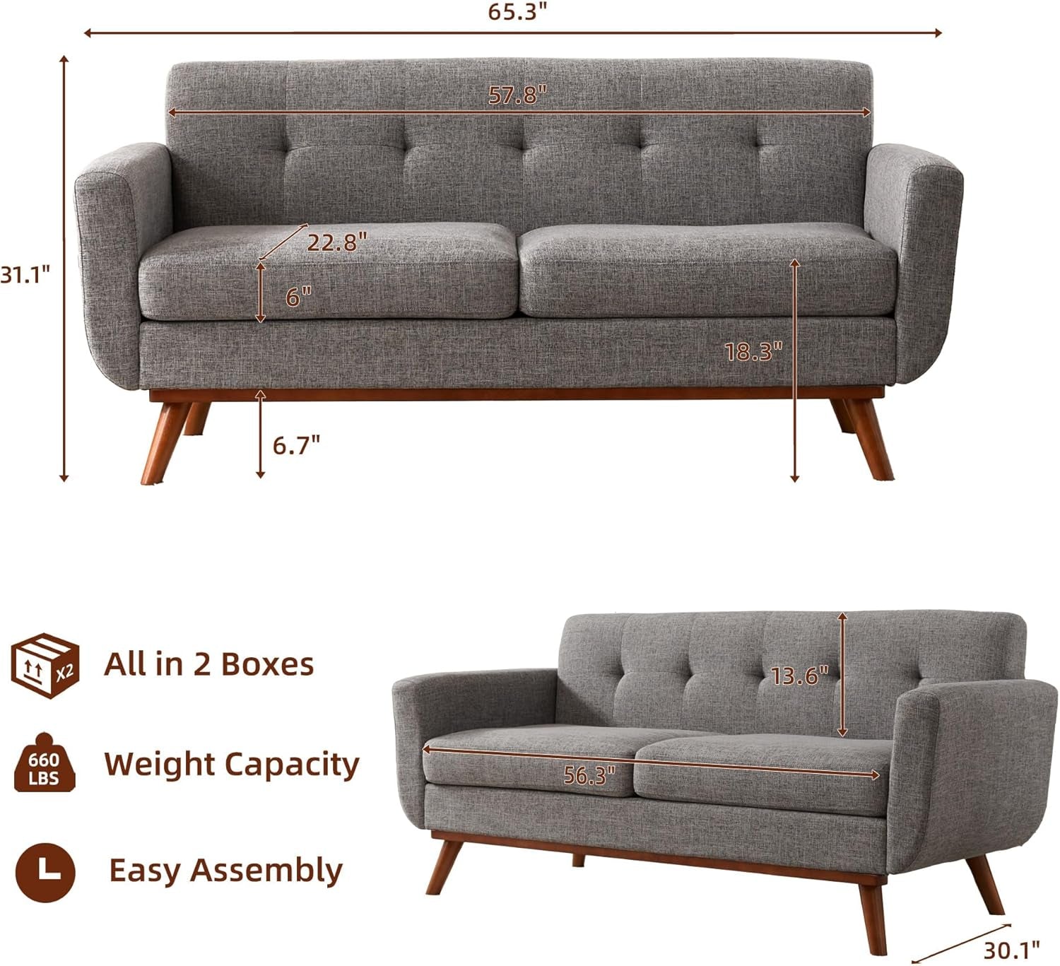 Grey Mid Century Modern Loveseat Sofa 65.3 Inch Living Room Secondary image