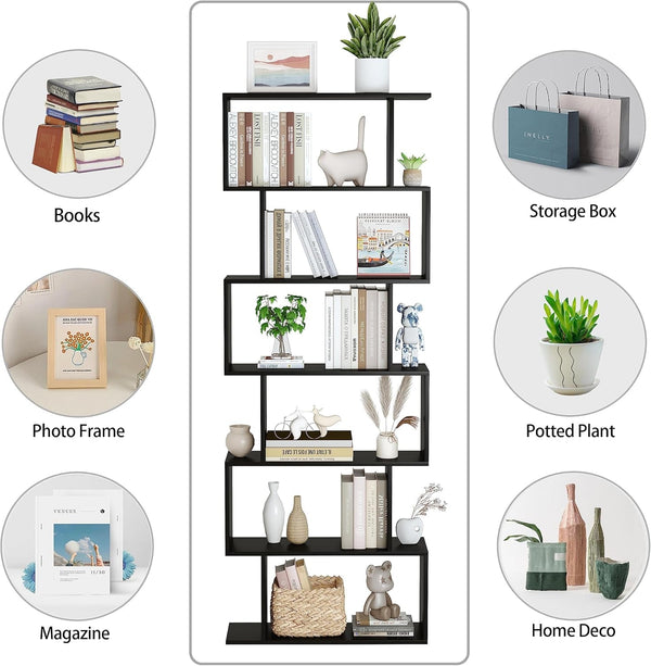 6 Tier S Shaped Bookshelf Freestanding Modern Display