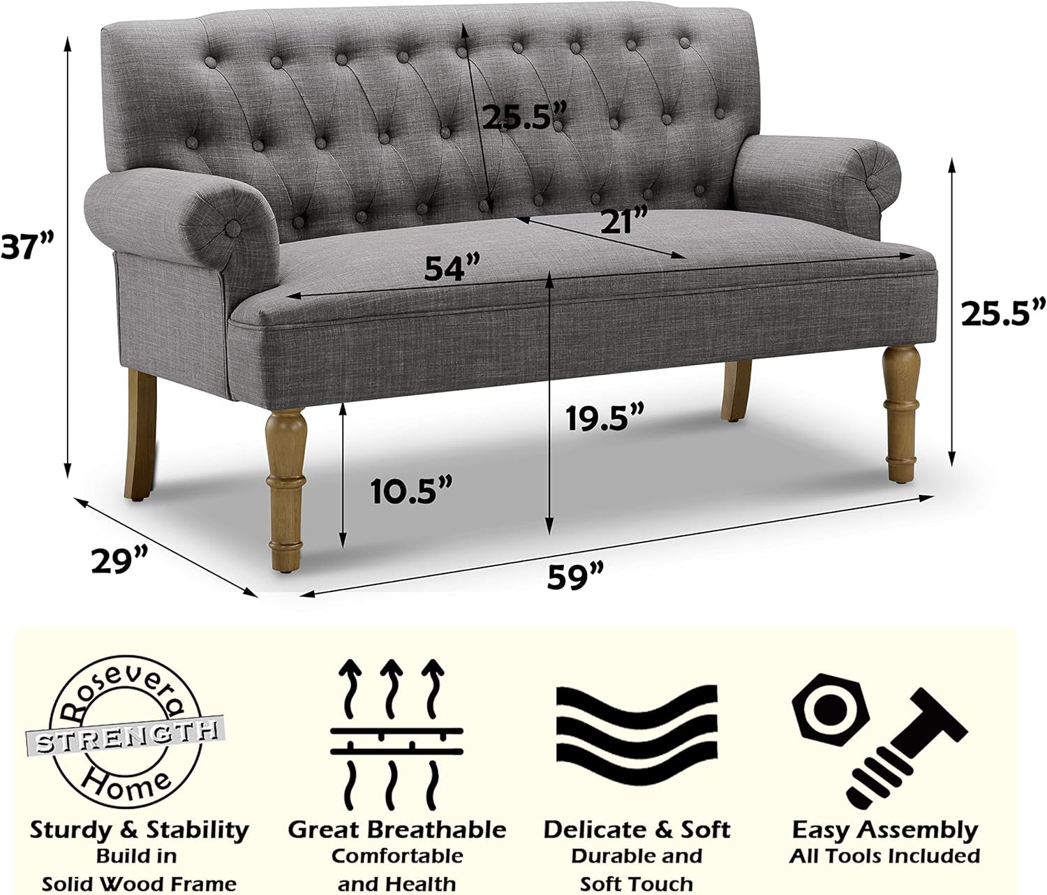 Dove Gray Loveseat Sofa With Button Tufting Sinuous Springs Secondary image