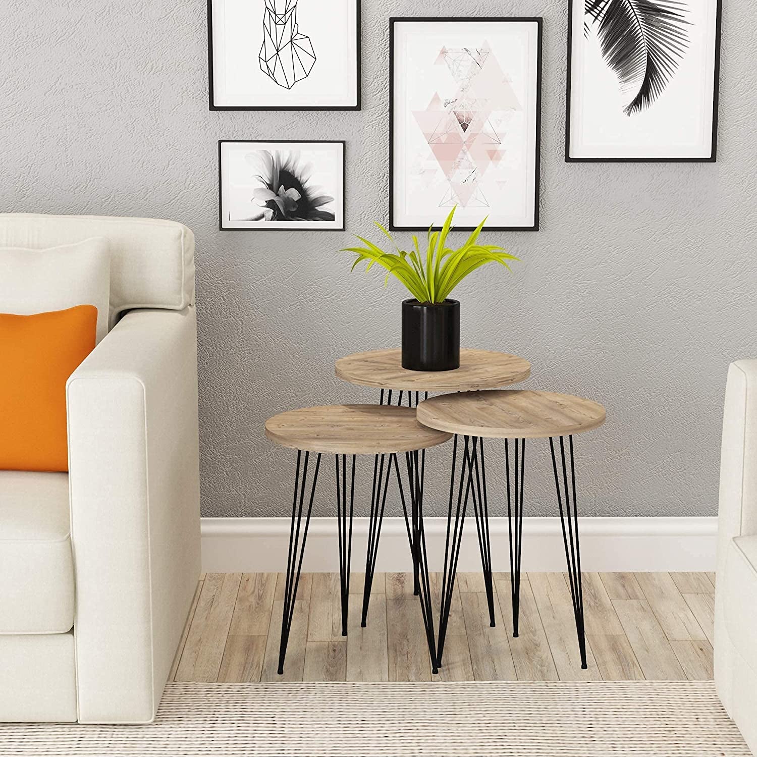 Grey Pine Wood Round Nesting End Tables Set Of 3 With Metal Frame Main image