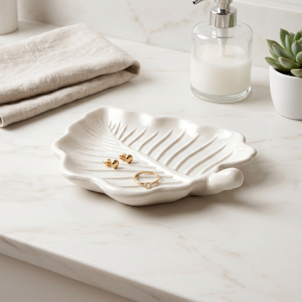 Elm Leaf Decorative Tray, Gypsum White 6"