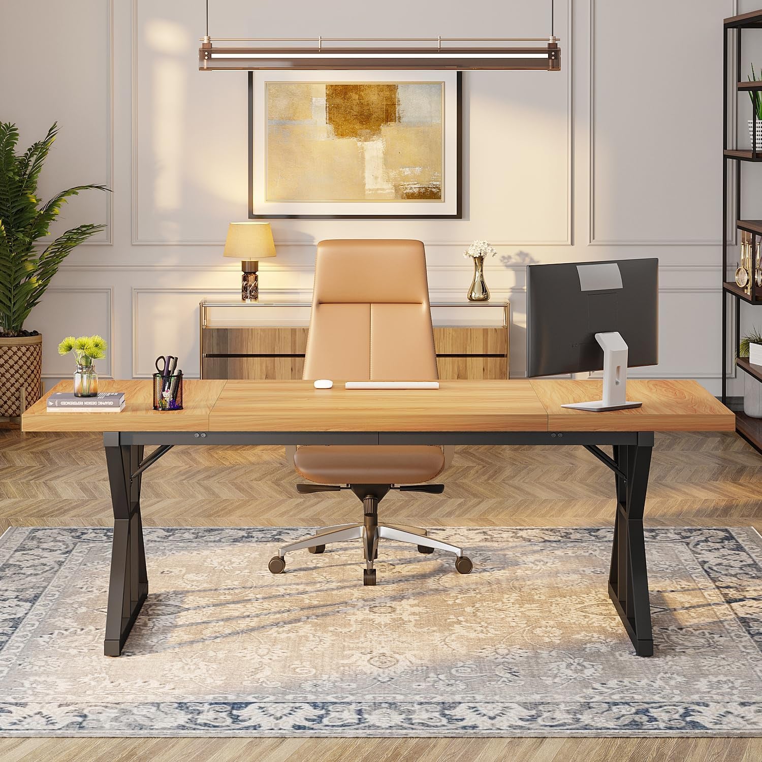 70.8 Inch Executive Desk Light Walnut Black Large Computer Office Desk
