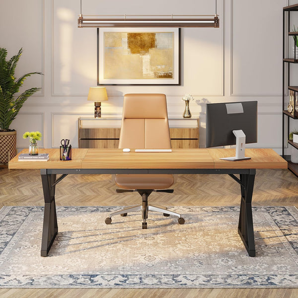 70.8 Inch Executive Desk Light Walnut Black Large Computer Office Desk