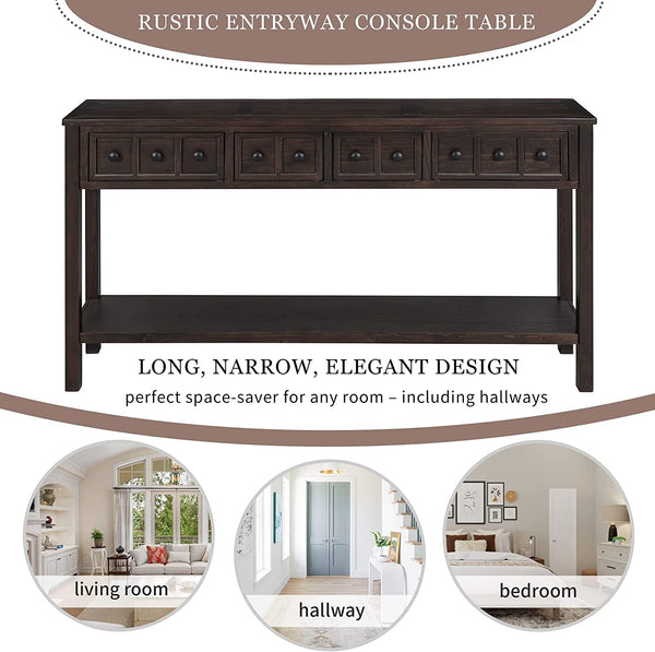 Rustic 60 Inch Console Table With Drawers And Shelf