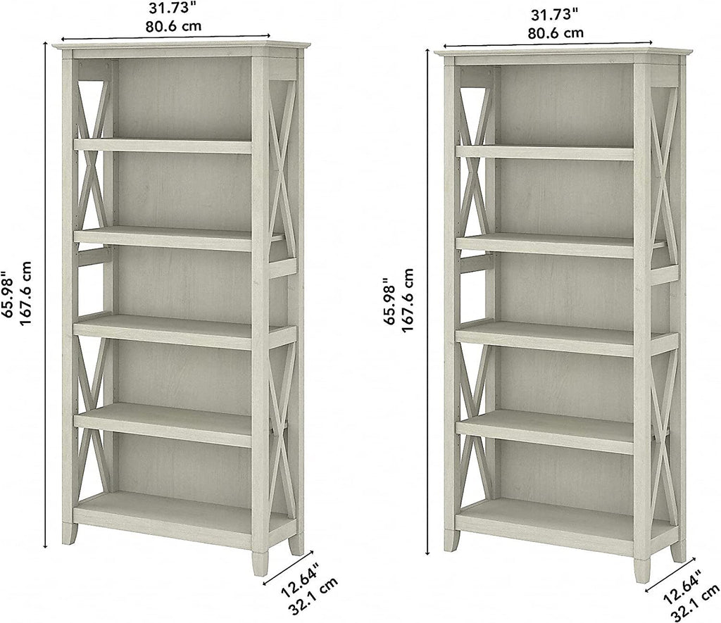 Linen White Oak 5 Shelf Bookcase Set 2 Tall 66H 32W 13D