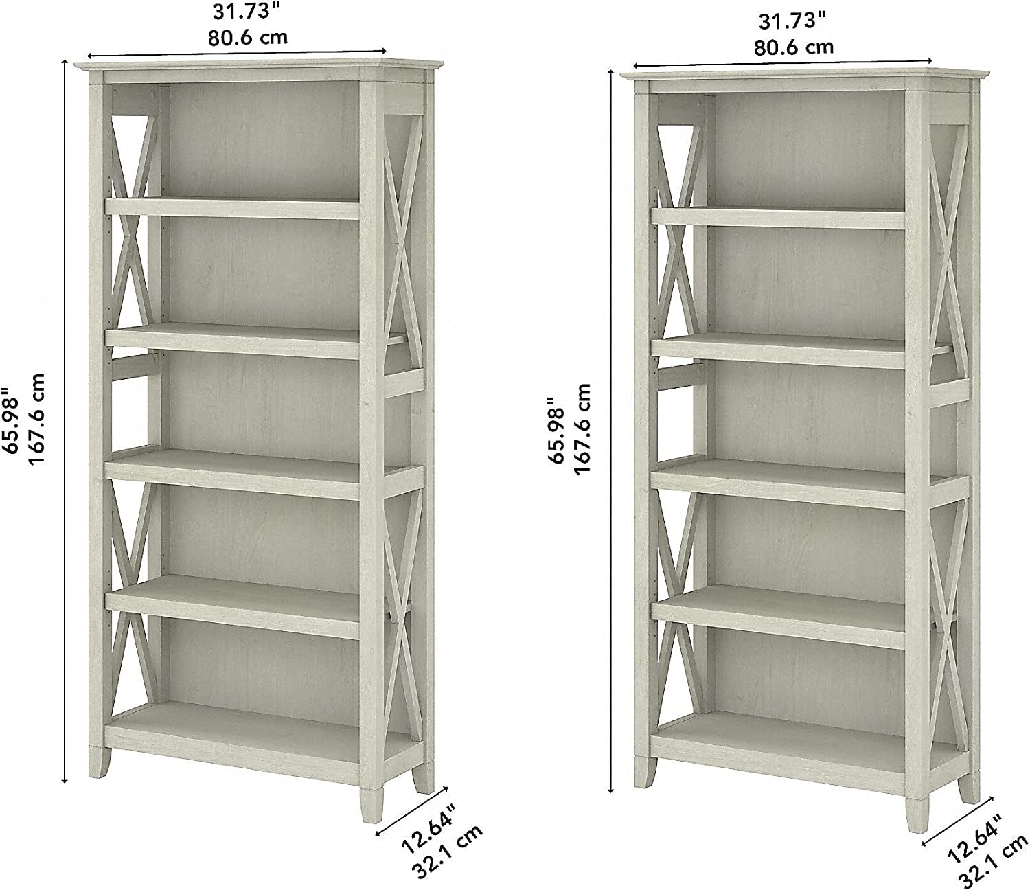 Linen White Oak 5 Shelf Bookcase Set 2 Tall 66H 32W 13D