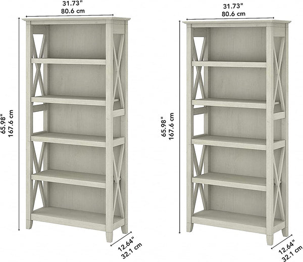 Linen White Oak 5 Shelf Bookcase Set 2 Tall 66H 32W 13D