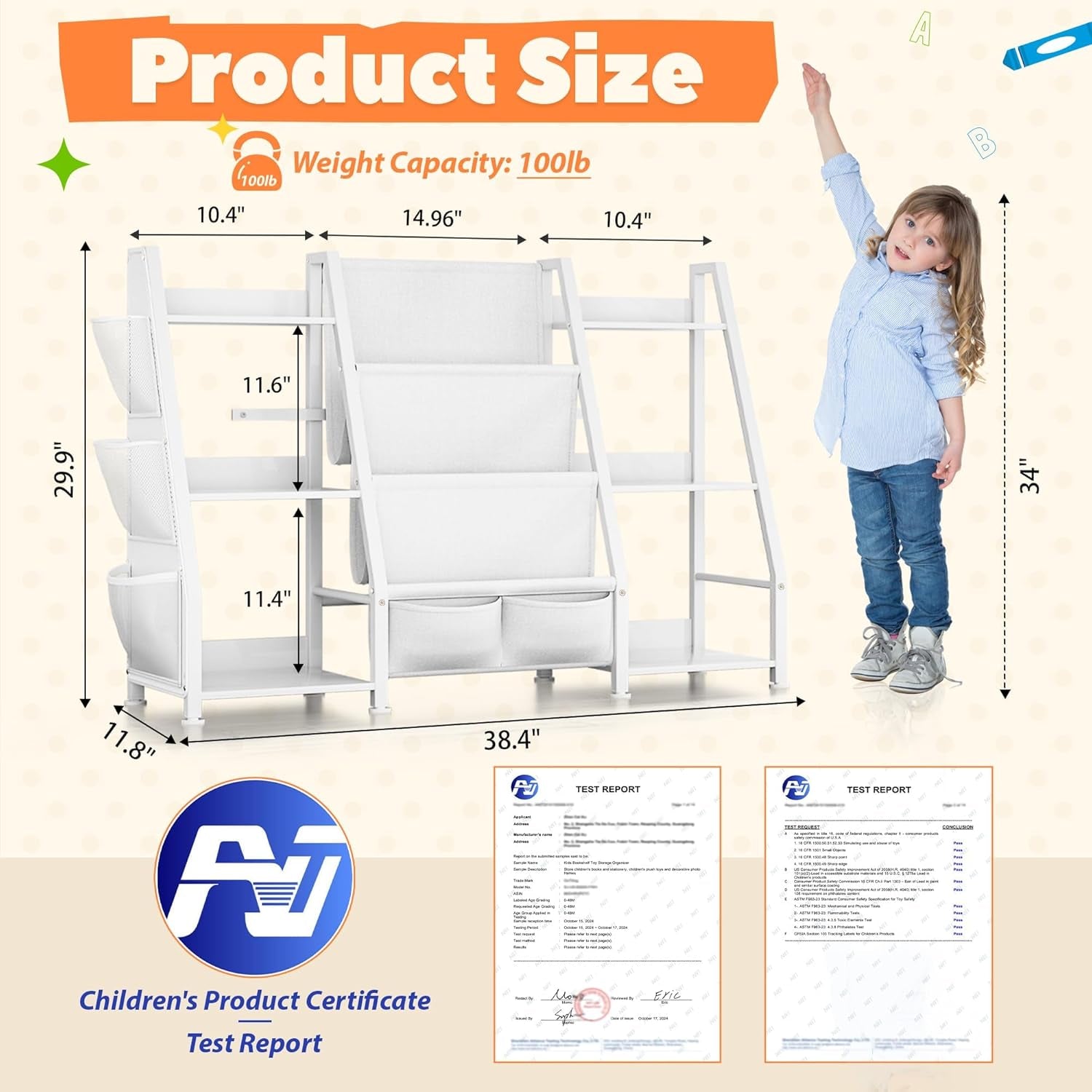 3 Tier Kids Bookshelf Toy Organizer In White Wood And Metal Main image