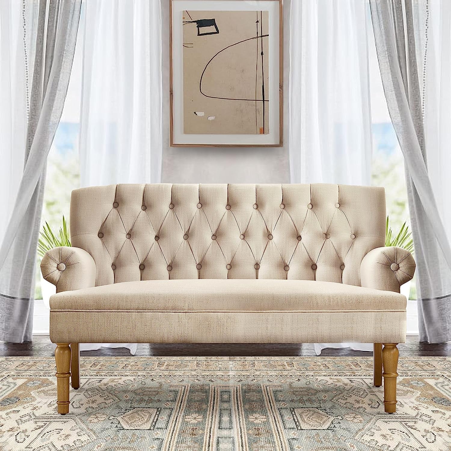 Warm Beige Tufted Linen Love Seat For Small Spaces Main image