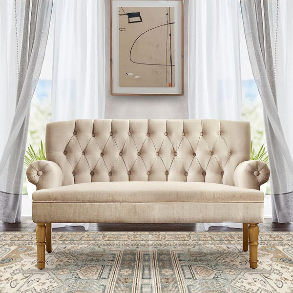 Warm Beige Tufted Linen Love Seat For Small Spaces
