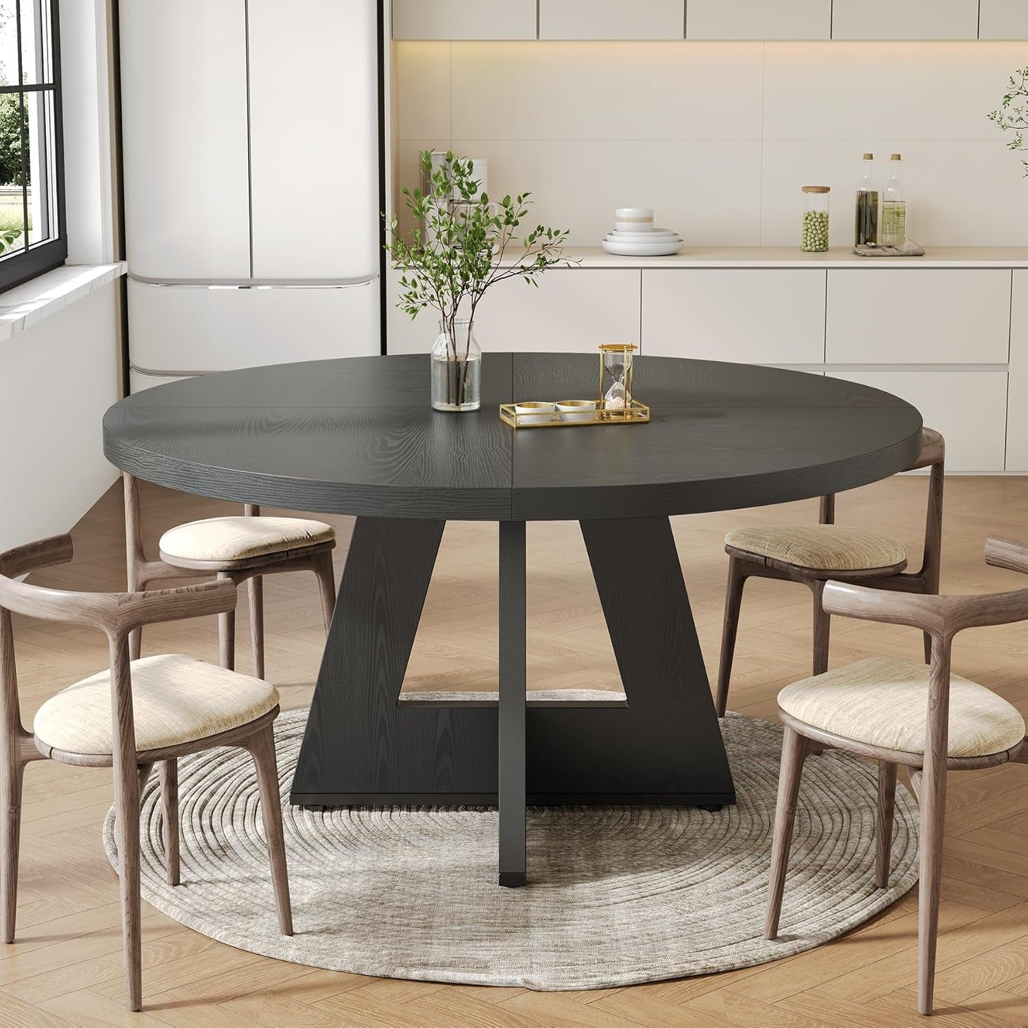 47 Inch Round Dining Table Black With Wooden Pedestal Base Main image